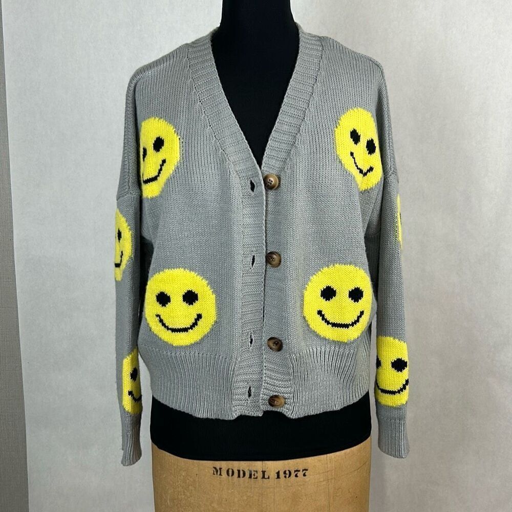 Smiley Face Cardigan Sweater Sz Small Gray Yellow Short Waist Length Button Fron
